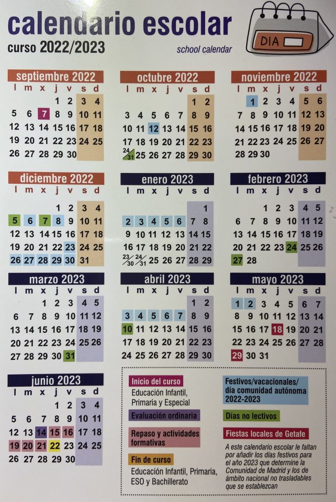 Calendario escolar 2022 23 Getafe