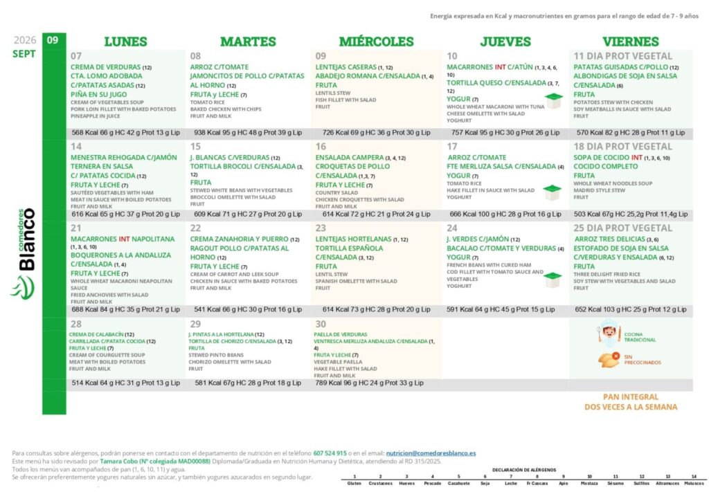 MENU SEPTIEMBRE 2026