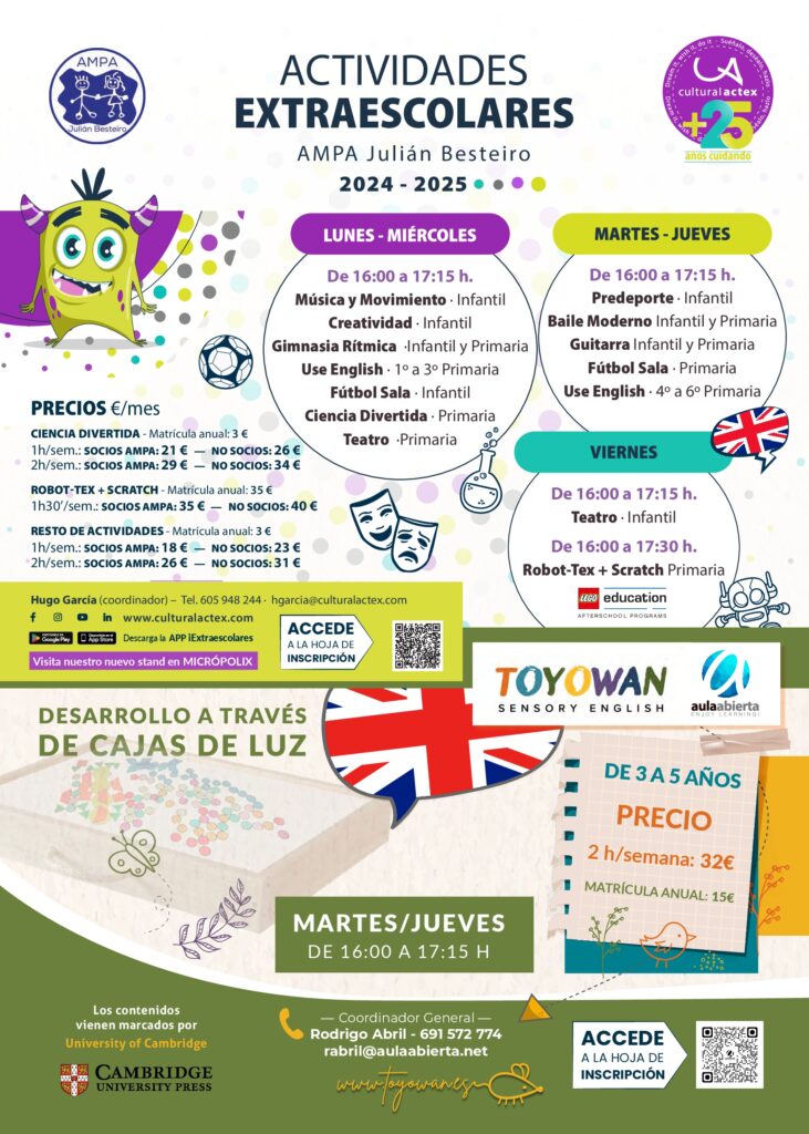 cartel actividades extraescolares 2024 2025 ceip julian besteiro getafe cultural actex