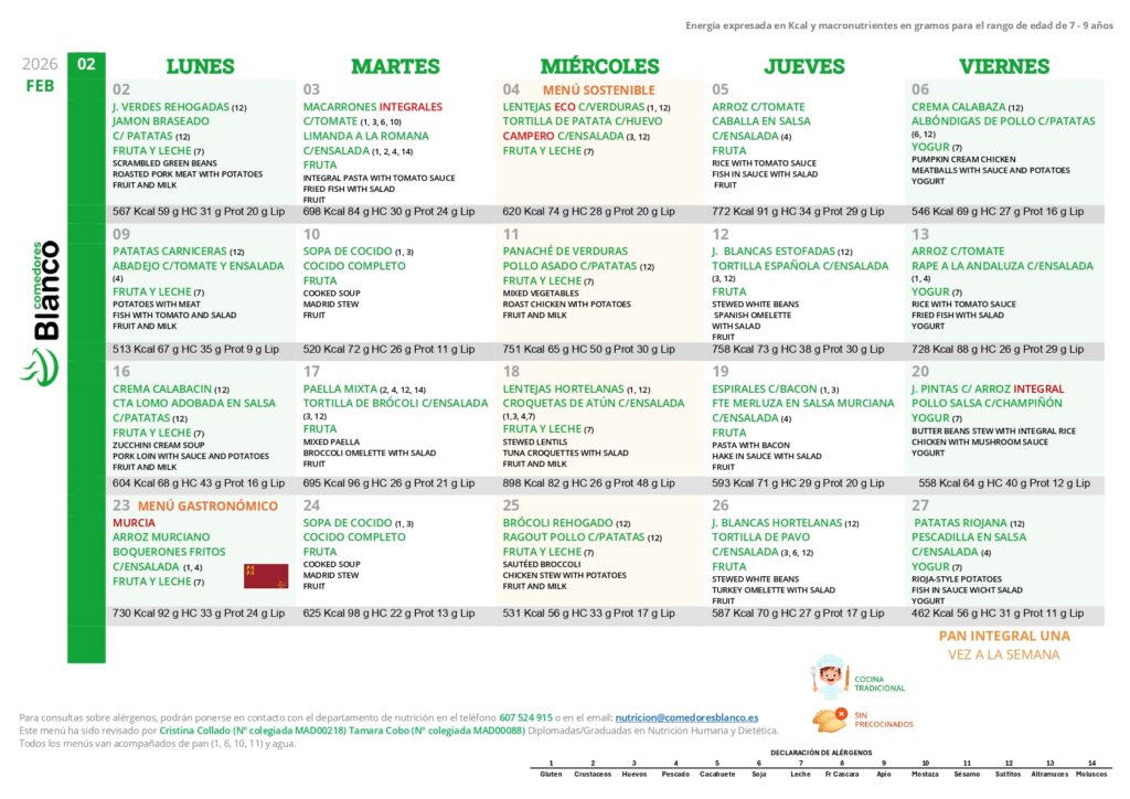 AMPA Julián Besteiro 13 menu febrero