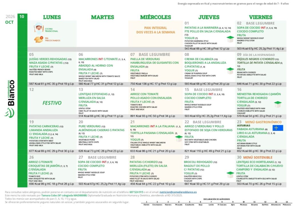 menu octubre 2026